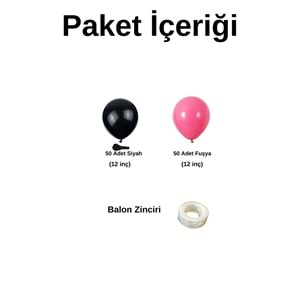 Zincir Balon Seti Siyah-Fuşya 2 Renk 100 Adet + Balon Şeridi