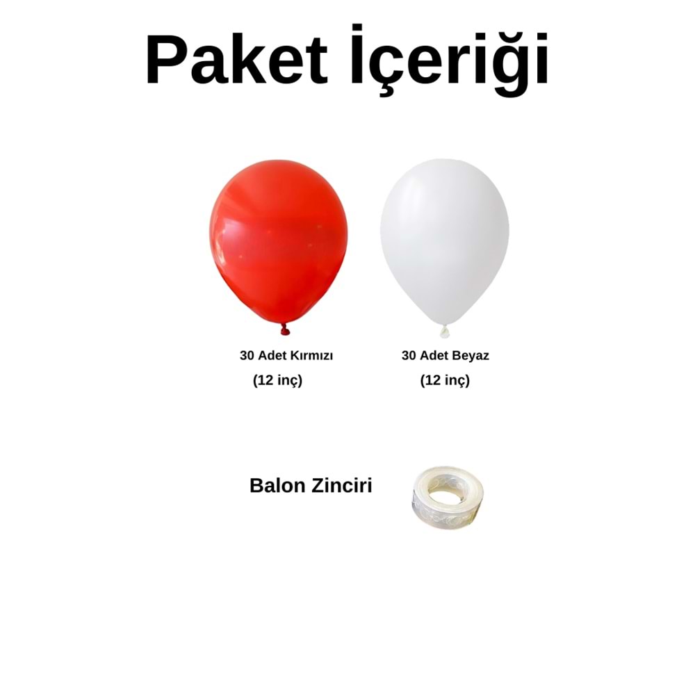Zincir Balon Seti Kırmızı-Beyaz 2 Renk 60 Adet +1 Adet Balon Şeridi
