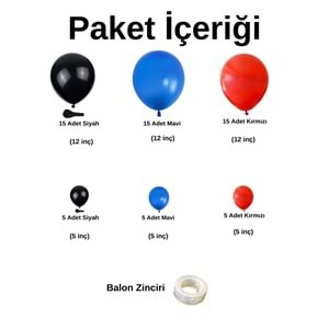 Zincir Balon Seti Siyah-Mavi-Kırmızı 3 Renk 60 Adet +1 Adet Balon Şeridi