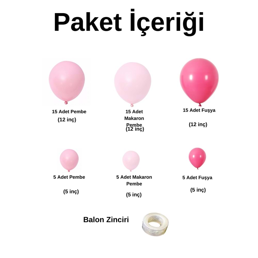 Zincir Balon Seti Fuşya-Pastel Pembe-Makaron Pembe 3 Renk 60 Adet +Balon Şeridi