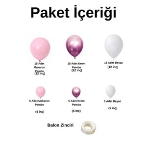 Zincir Balon Seti Makaron Pembe-Krom Pembe-Pastel Beyaz 60 Adet +Balon Şeridi