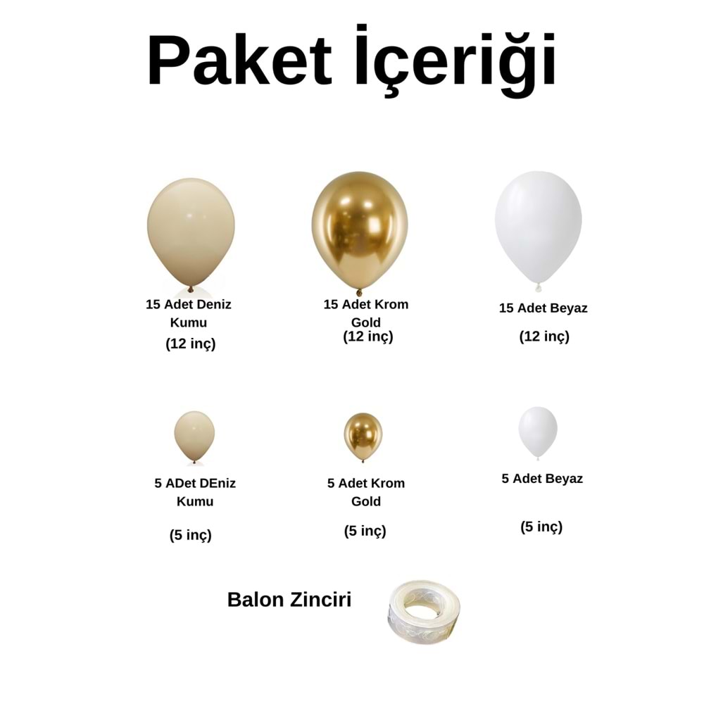 Zincir Balon Seti Krom Gold-Kum Rengi-Beyaz 3 Renk 60 Adet +Balon Şeridi