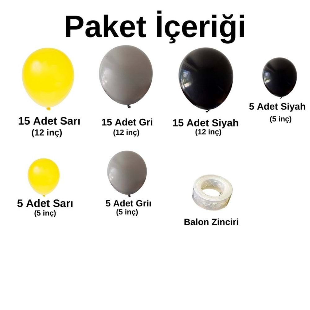 Zincir Balon Seti Siyah-Sarı-Gri Pastel 3 Renk 60 Adet +1 Adet Balon Şeridi
