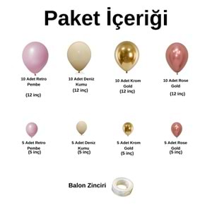 Zincir Balon Seti Retro Pembe-Bej-Krom Rose Gold-Krom Gold 60 Adet +Balon Şeridi