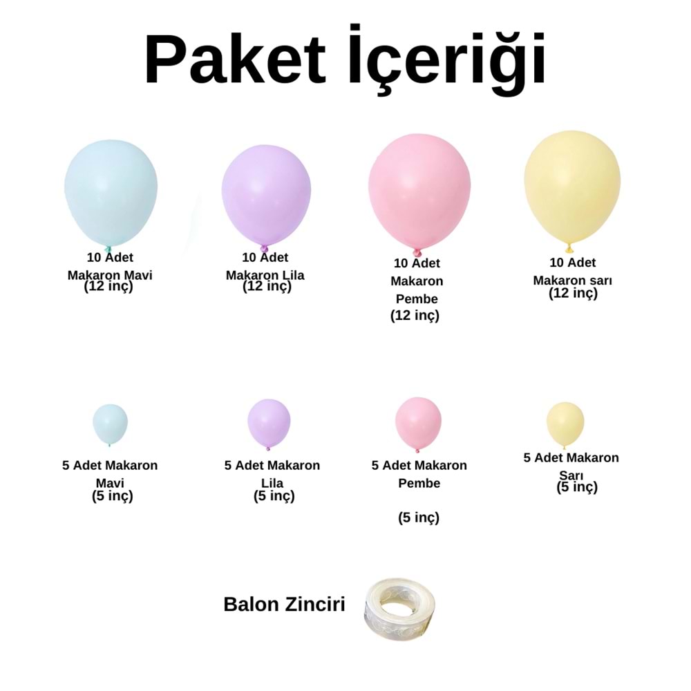 Zincir Balon Seti Pembe-Lila-Mavi-Sarı Makaron 4 Renk 60 Adet +1 Adet Balon Şeridi