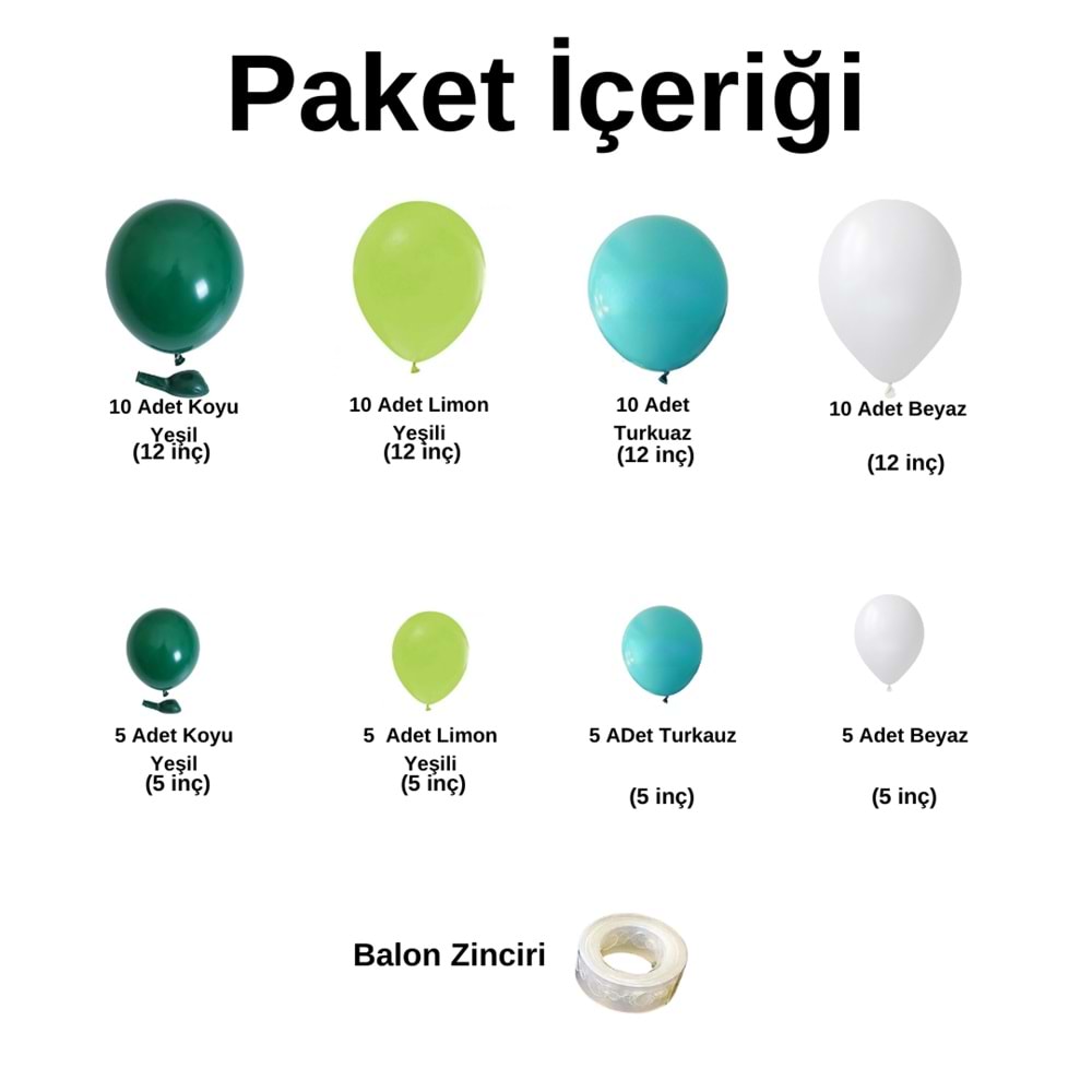 Zincir Balon Seti Koyu Yeşil-Limon Yeşili-Turkuaz-Beyaz 4 Renk 60 Adet +Balon Şeridi