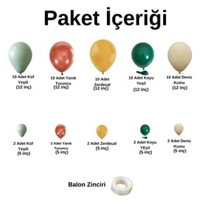 Zincir Balon Seti Küf Yeşili-Yanık Turuncu-Zerdeçal-Koyu Yeşil-Deniz Kumu 60Adet +BalonŞeridi