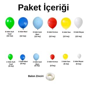 Zincir Balon Seti Açık Yeşil-Mavi-Açık Mavi-Kırmızı-Sarı-Beyaz 60 Adet+BalonŞeridi