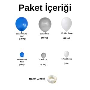 Zincir Balon Seti Pastel Mavi-Gri-Beyaz 3 Renk 60 Adet +1 Adet Balon Şeridi