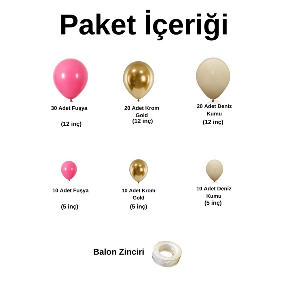 Zincir Balon Seti Fuşya-Krom Gold-Deniz Kumu 3 Renk 100 Adet + Balon Şeridi