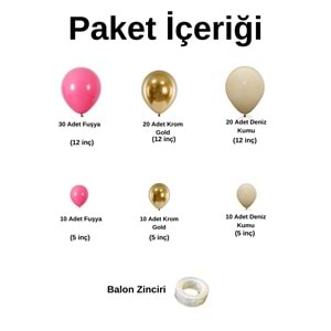 Zincir Balon Seti Fuşya-Krom Gold-Deniz Kumu 3 Renk 100 Adet + Balon Şeridi