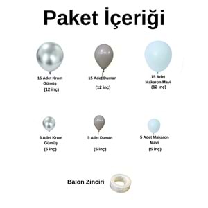 Zincir Balon Seti Krom Gümüş-Duman-Makaron Mavi 3 Renk 60 Adet +Balon Şeridi