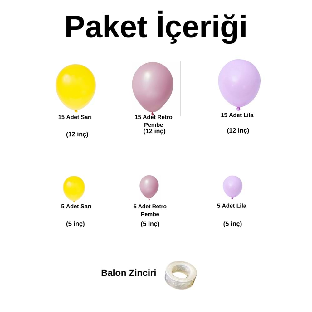 Zincir Balon Seti Lila-Sarı-Retro Pembe 3 Renk 60 Adet +Balon Şeridi