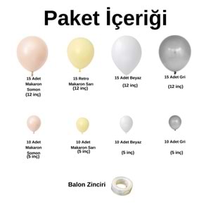 Zincir Balon Seti Makaron Somon-Makaron Sarı-Beyaz-Gri 4 Renk 100 Adet + Balon Şeridi