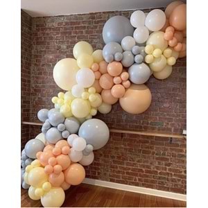 Zincir Balon Seti Makaron Somon-Makaron Sarı-Beyaz-Gri 4 Renk 60 Adet + Balon Şeridi