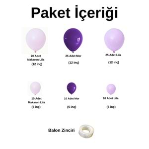 Zincir Balon Seti Makaron Lila-Mor-Lila 3 Renk 100 Adet + Balon Şeridi
