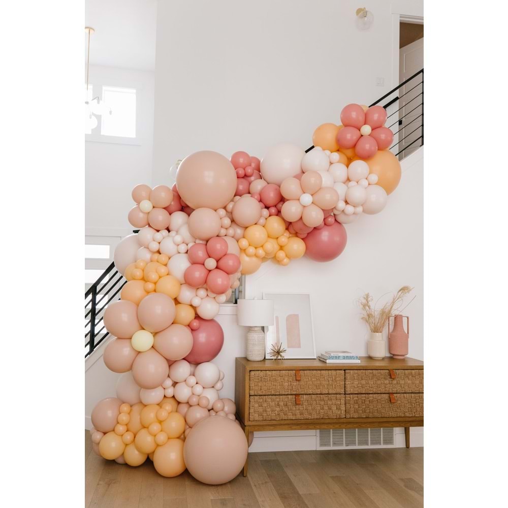 Zincir Balon Seti Retro Beyaz-Retro Pembe-Pudra Pembe-Şeftali 4 Renk 100 Adet+Balon Şeridi