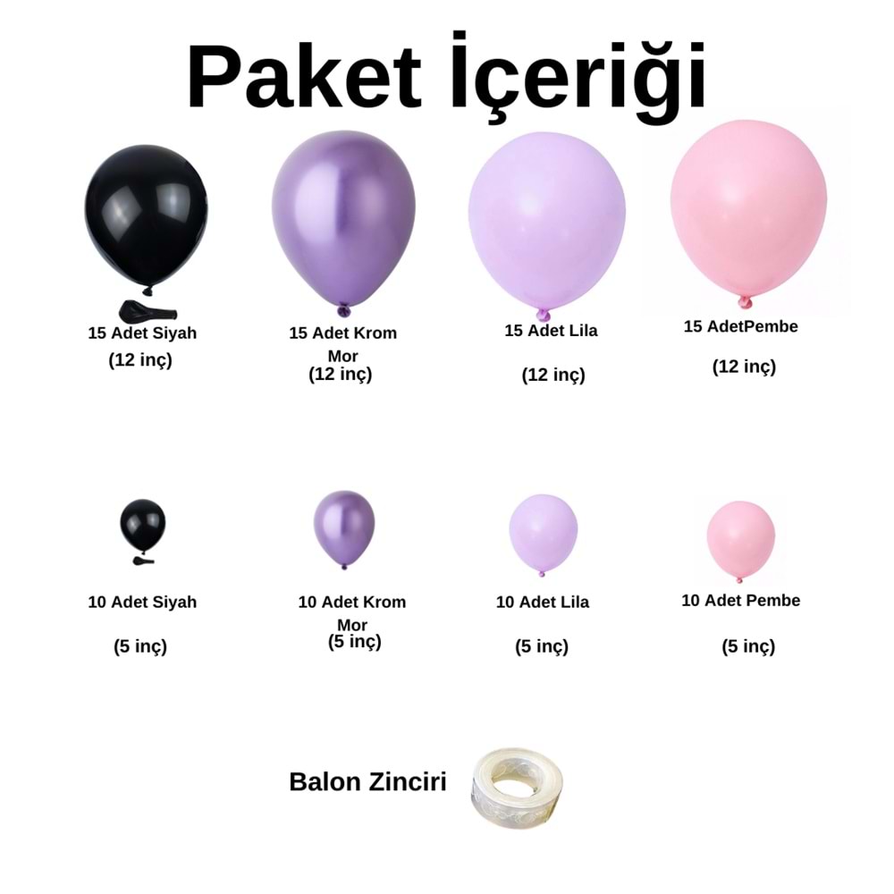 Zincir Balon Seti Siyah-Krom Mor-Lila-Pembe 4 Renk 100 Adet+Balon Şeridi