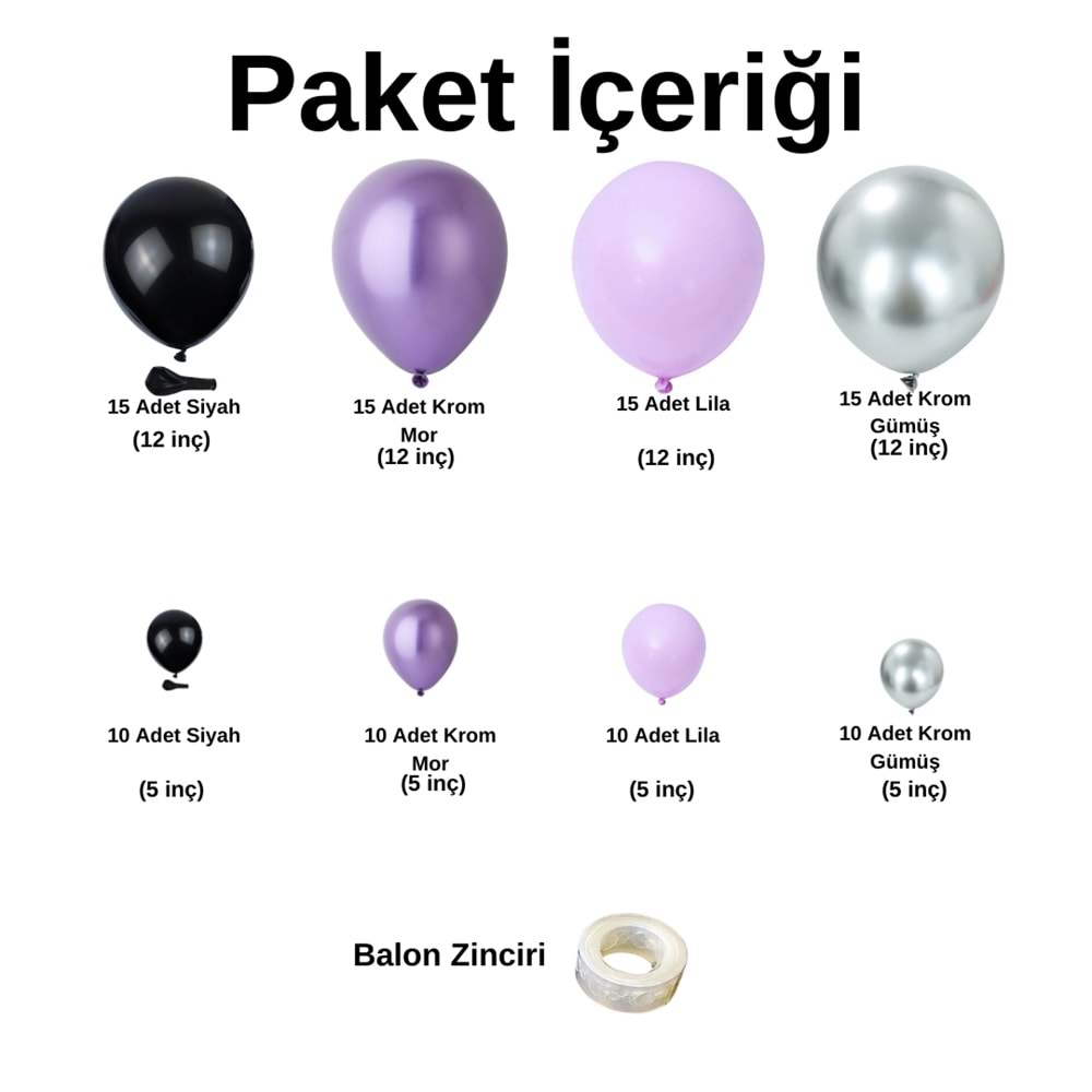 Zincir Balon Seti Siyah-Krom Mor-Lila-Krom Gümüş 4 Renk 100 Adet+Balon Şeridi