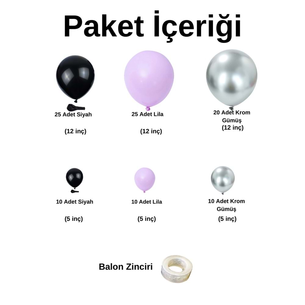 Zincir Balon Seti Siyah-Krom Gümüş-Lila 3 Renk 100 Adet+Balon Şeridi
