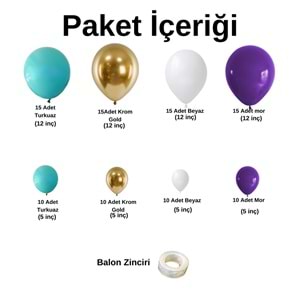 Zincir Balon Seti Turkuaz-Krom Gold-Beyaz-Mor 4 Renk 100 Adet+Balon Şeridi