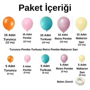 Zincir Balon Seti Turuncu-Pembe-Turkuaz-Retro Pembe-Makaron Sarı 100 Adet+Balon Şeridi