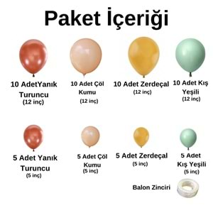 Zincir Balon Seti Yanık Turuncu-Çöl Kumu-Zerdeçal-Kış Yeşili 4 Renk 60 Adet+Balon Şeridi