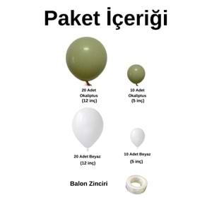 Zincir Balon Seti Retro Okaliptus-Pastel Beyaz 2 Renk 60 Adet +1 Adet Balon Şeridi