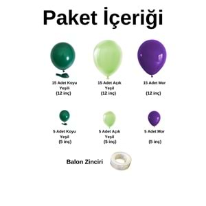 Zincir Balon Seti Koyu Yeşil-Açık Yeşil-Mor 3 Renk 60 Adet +1 Adet Balon Şeridi