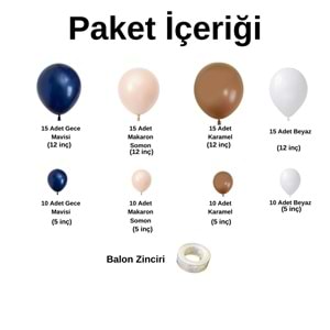 Zincir Balon Seti Gece Mavisi-Beyaz-Karamel-Makaron-Somon 4 Renk 100 Adet+Balon Şeridi