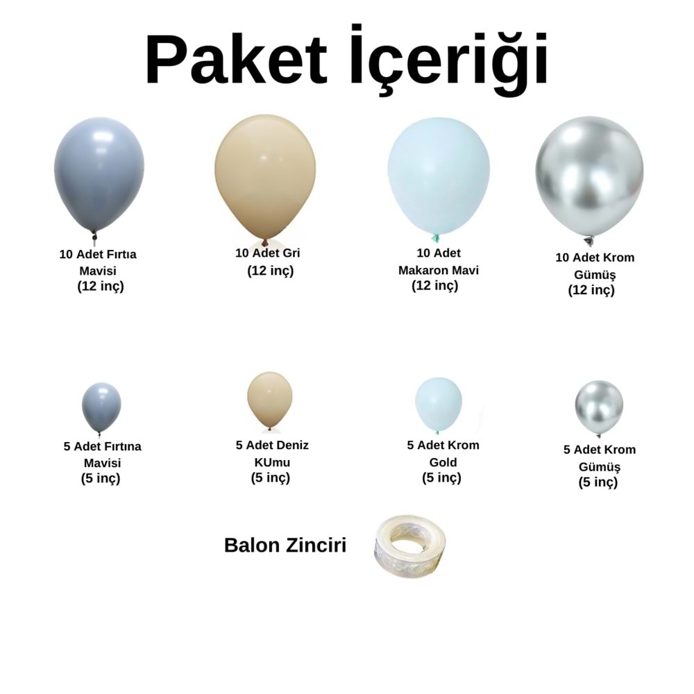 Zincir Balon Seti Fırtına Mavi-Pastel Gri-Makaron Mavi-Krom Gümüş 4 Renk 60 Adet +Balon Şeridi