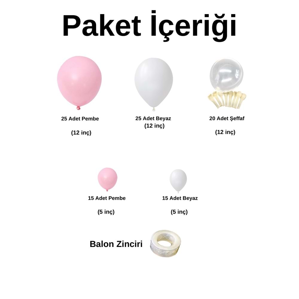 Zincir Balon Seti Beyaz-Pembe-Şeffaf 3 Renk 100 Adet +Balon Şeridi