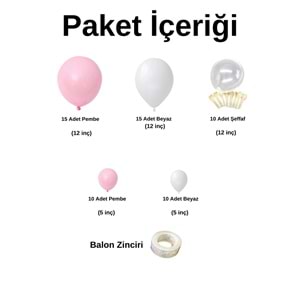 Zincir Balon Seti Beyaz-Pembe-Şeffaf 3 Renk 60 Adet +Balon Şeridi