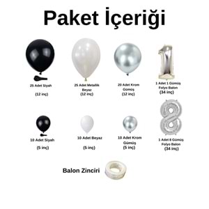 Zincir Balon Seti 18 Gümüş Folyo Balon-Siyah-Krom Gümüş-Metalik Beyaz 100 Adet +Balon Şeridi