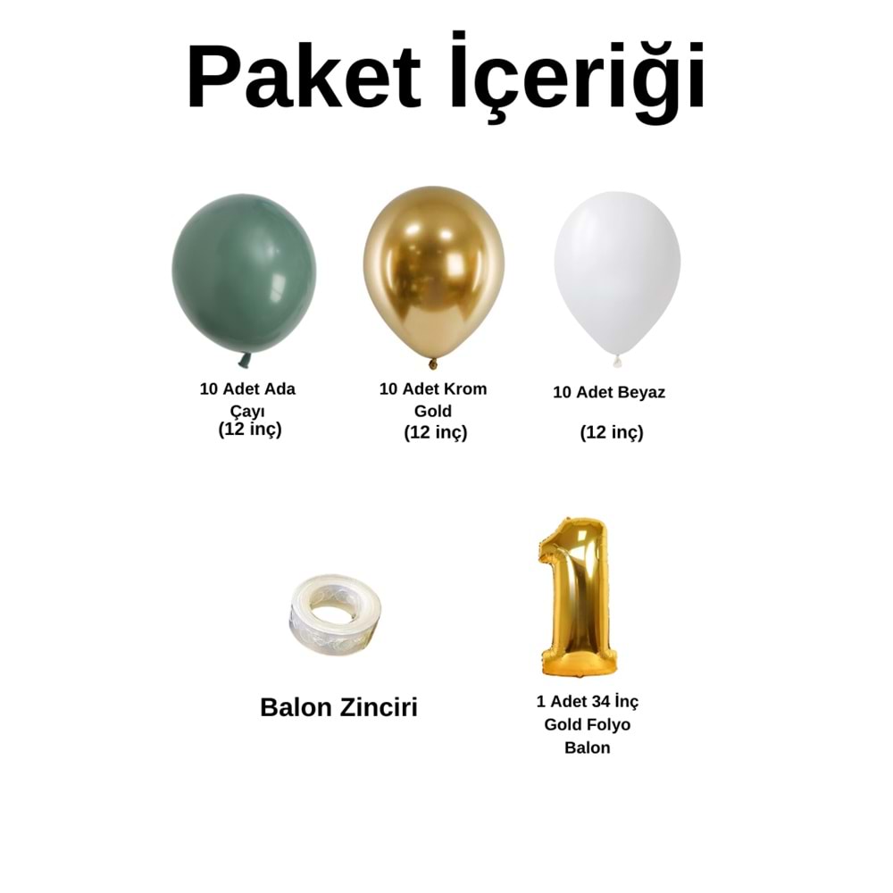 Mini Zincir Balon Seti Ada Çayı-Beyaz-Krom Gold+1 34inç Gold Folyo 30 Adet +Balon Şeridi