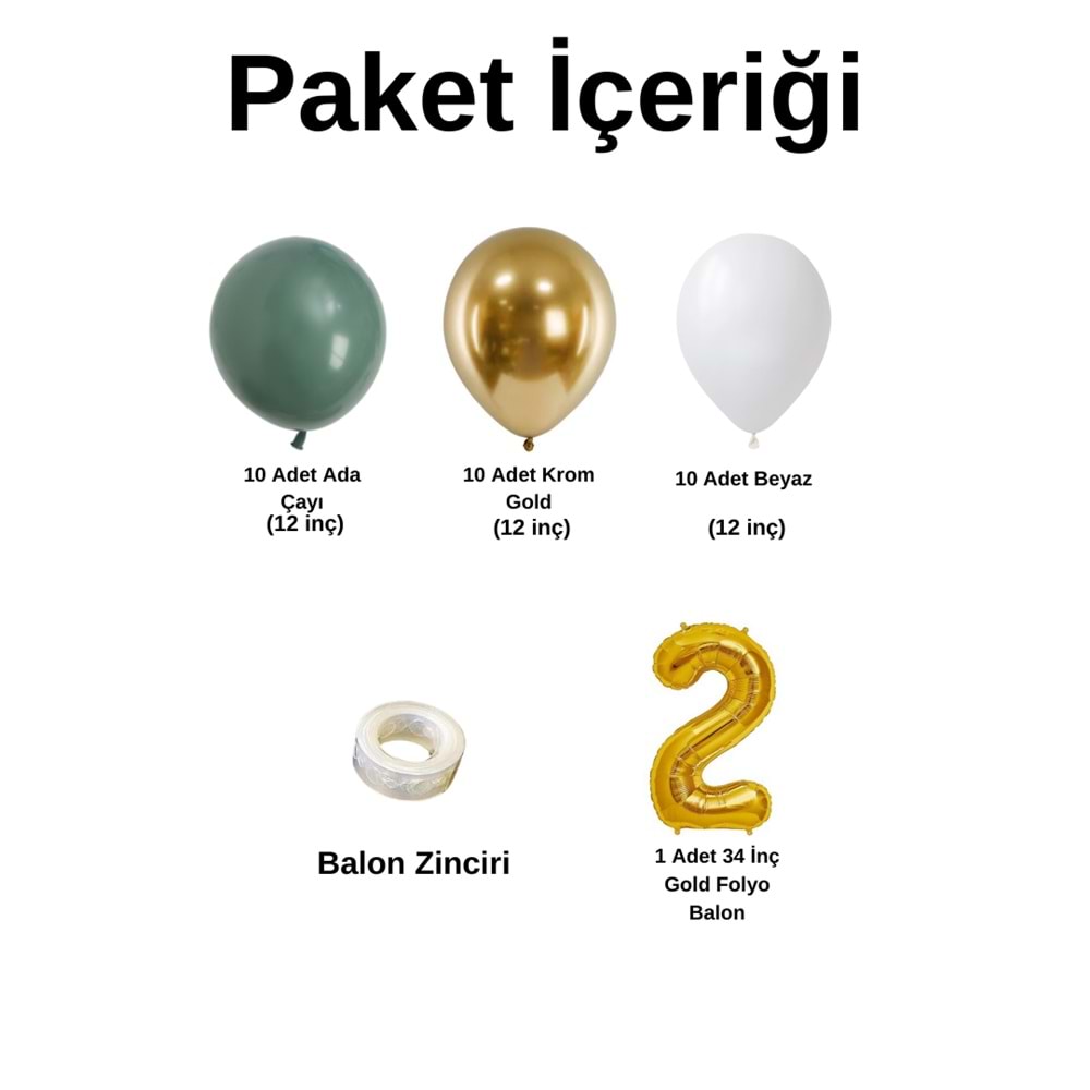 Mini Zincir Balon Seti Ada Çayı-Beyaz-Krom Gold+2 34inç Gold Folyo 30 Adet +Balon Şeridi