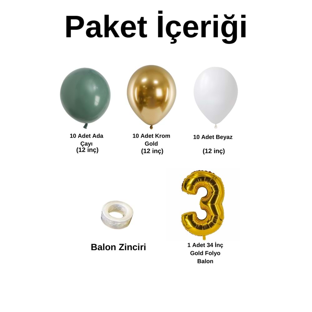 Mini Zincir Balon Seti Ada Çayı-Beyaz-Krom Gold+3 34inç Gold Folyo 30 Adet +Balon Şeridi