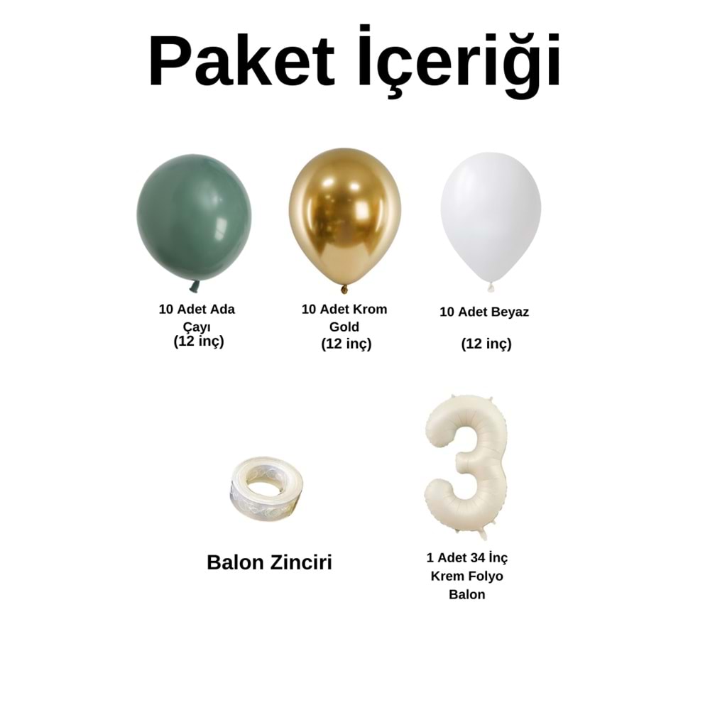 Mini Zincir Balon Seti Ada Çayı-Beyaz-Krom Gold+3 34inç Krem Folyo 30 Adet +Balon Şeridi