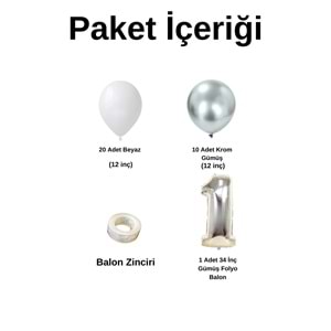 Mini Zincir Balon Seti Beyaz-Krom Gümüş+1 34inç Gümüş Folyo 30 Adet +Balon Şeridi