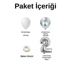 Mini Zincir Balon Seti Beyaz-Krom Gümüş+2 34inç Gümüş Folyo 30 Adet +Balon Şeridi