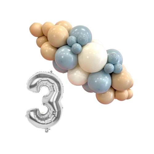 MiniZincirBalonSeti FırtınaMavisi-ÇölKumu-Beyaz+3 34inçGümüşFolyoBalon 30Adet+BalonŞeridi