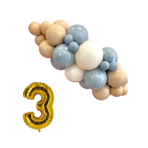 Mini Zincir Balon Seti Fırtına Mavisi-Çöl Kumu-Beyaz+3 34 inç Gold Folyo Balon 30 Adet +Balon Şeridi