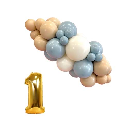 Mini Zincir Balon Seti Fırtına Mavisi-Çöl Kumu-Beyaz+1 34 inç Gold Folyo Balon 30 Adet +Balon Şeridi