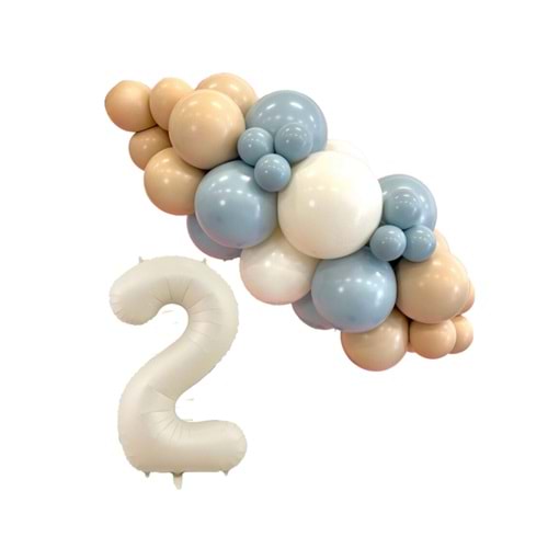 Mini Zincir Balon Seti Fırtına Mavisi-Çöl Kumu-Beyaz+2 34 inç Krem Folyo Balon 30 Adet +Balon Şeridi