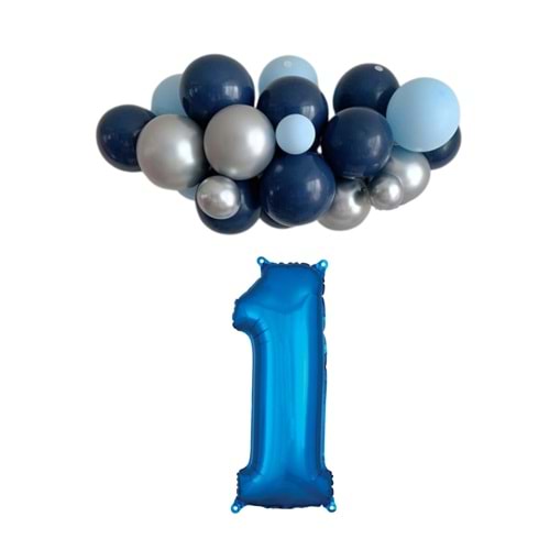 Mini Zincir Balon Seti Gece Mavisi-Krom Gümüş-Açık Mavi+1 34inç Mavi Folyo 30 Adet +Balon Şeridi
