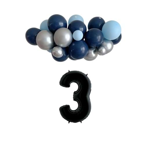 Mini Zincir Balon Seti Gece Mavisi-Krom Gümüş-Açık Mavi+3 34inç Siyah Folyo 30 Adet +Balon Şeridi