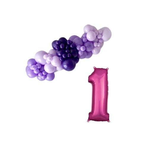 Mini Zincir Balon Seti Lila-MakaronLila-Mor+1 34 inç Pembe Folyo Balon 30 Adet +Balon Şeridi
