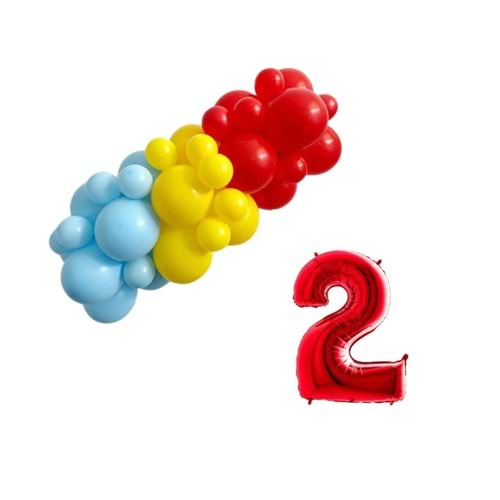 Mini Zincir Balon Seti Sarı-Açık Mavi-Kırmızı+2 34 inç Kırmızı Folyo Balon 30 Adet +Balon Şeridi