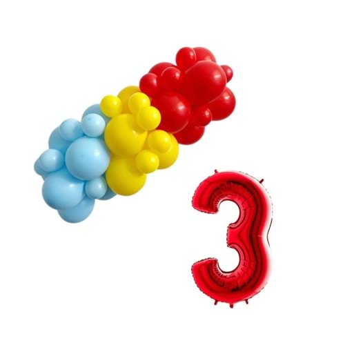 Mini Zincir Balon Seti Sarı-Açık Mavi-Kırmızı+3 34 inç Kırmızı Folyo Balon 30 Adet +Balon Şeridi