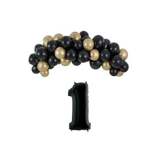 Mini Zincir Balon Seti Siyah-Krom gold+1 34inç Siyah Folyo 30 Adet +Balon Şeridi